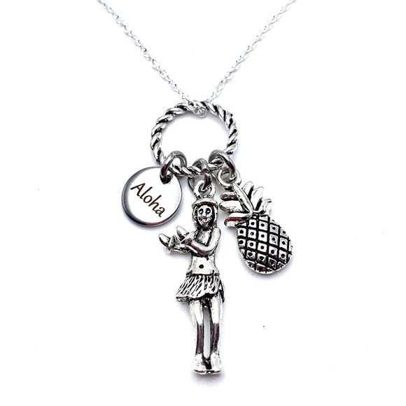 Hawaiian Charm Necklace Hula Girl Aloha Pineapple - Picture 2 of 6